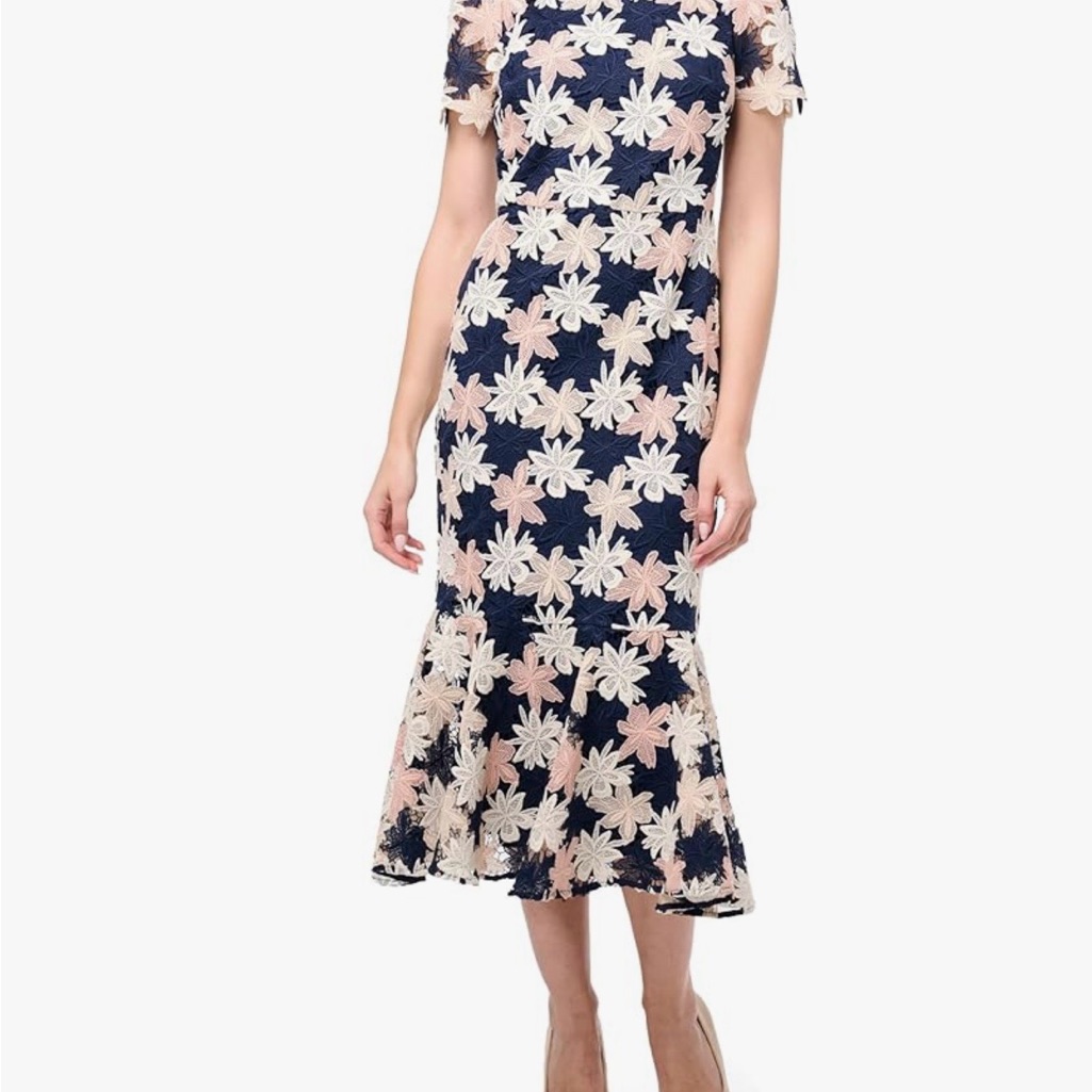 Shoshanna Navy Midi Dress With Pink And Cream Floral Lace